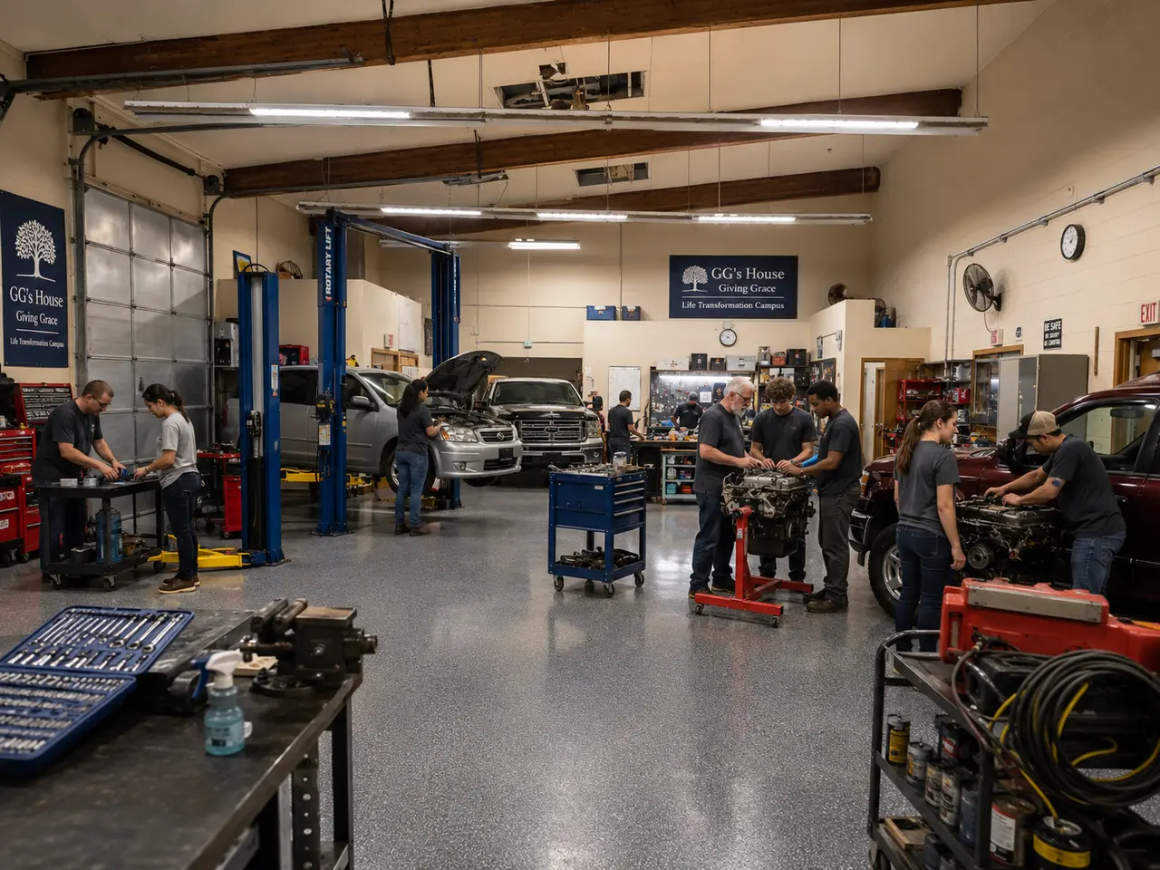 Illustrative automotive learning shop with vehicle bays, lifts, and work areas