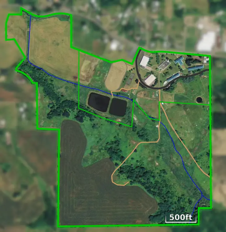 Overhead campus map showing the proposed Laurelwood property, buildings, roads, fields, and outdoor areas