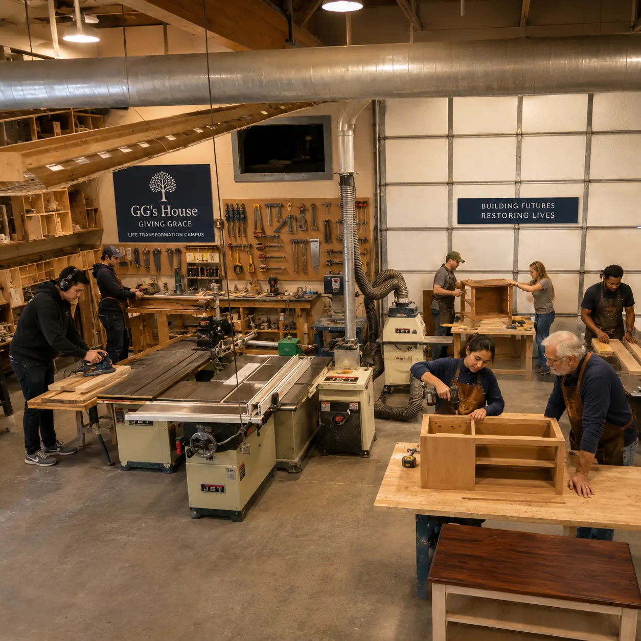 Illustrative wood shop with work areas, equipment, mentors, and learners