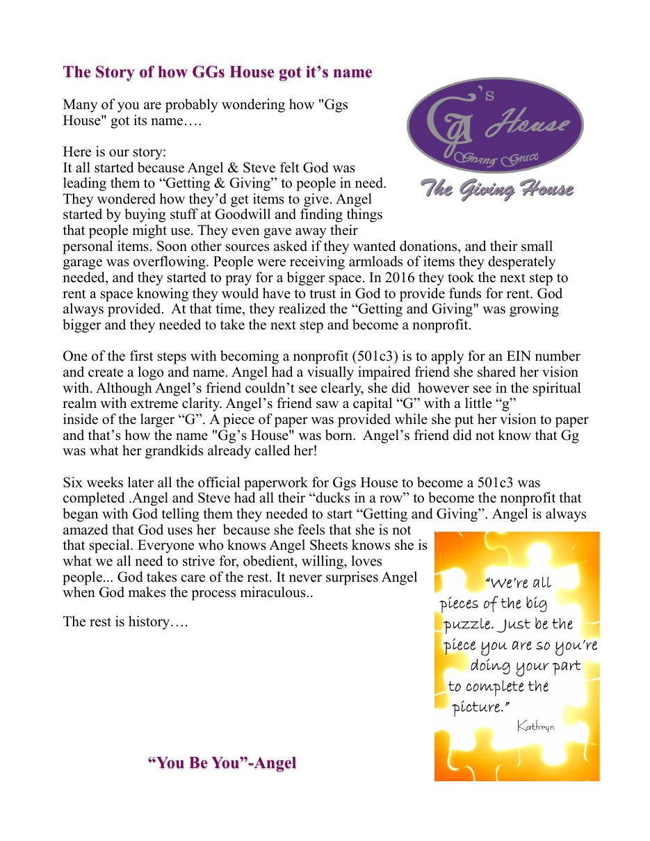 Newsletter page telling the story of the GG's House name and nonprofit application
