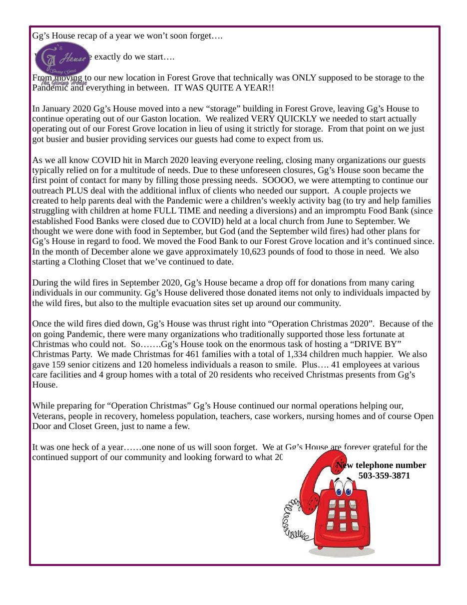 Contemporary GG's House newsletter recap describing the January 2020 move to Forest Grove