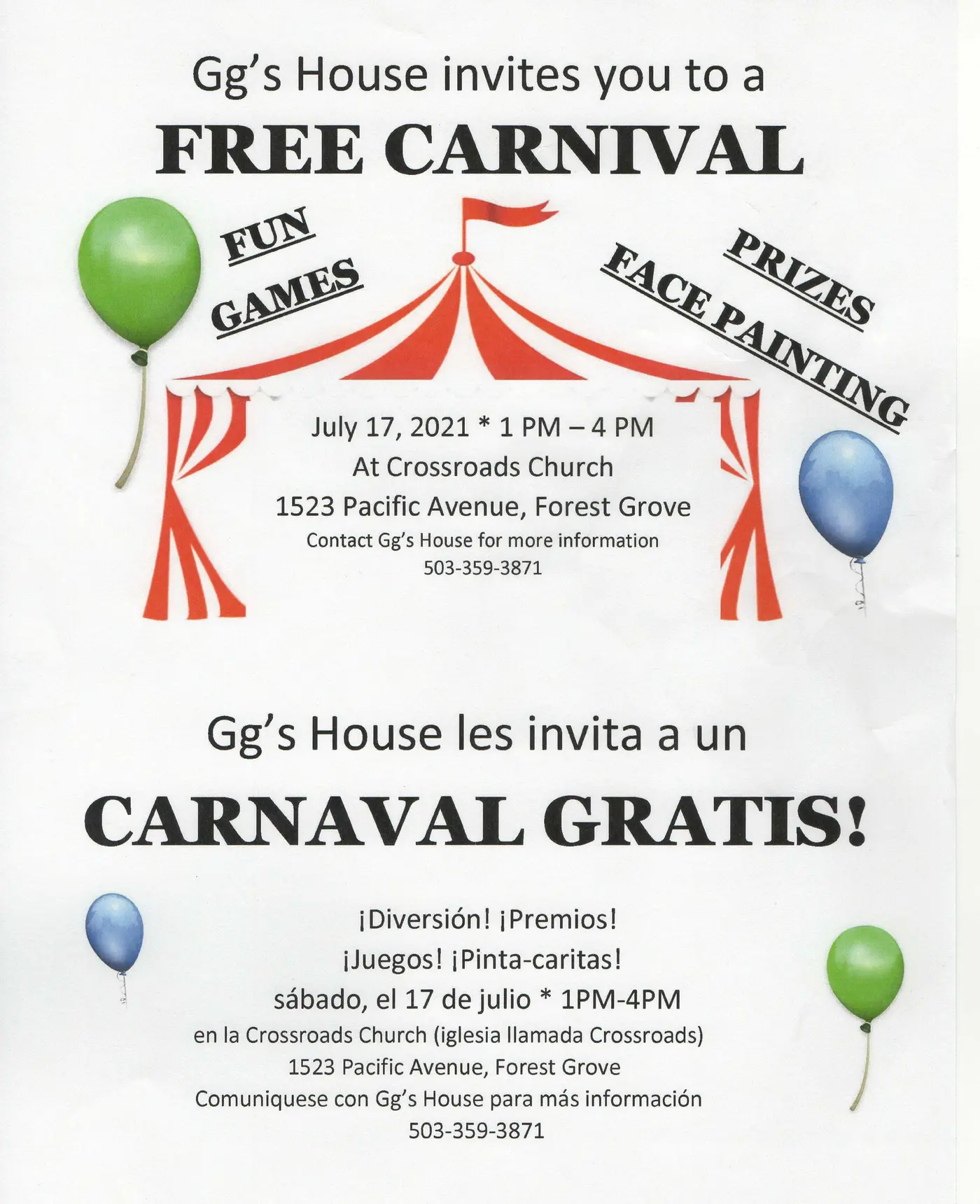 Bilingual flyer for a free GG's House carnival planned at Crossroads Church on July 17, 2021
