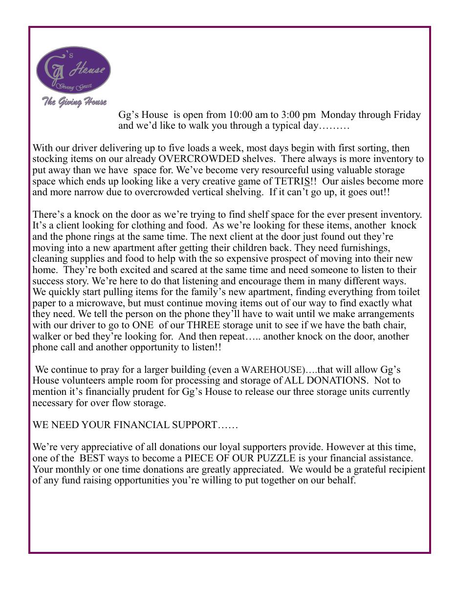 June 2021 GG's House newsletter page describing overflowing shelves, three storage units, and the need for a larger building