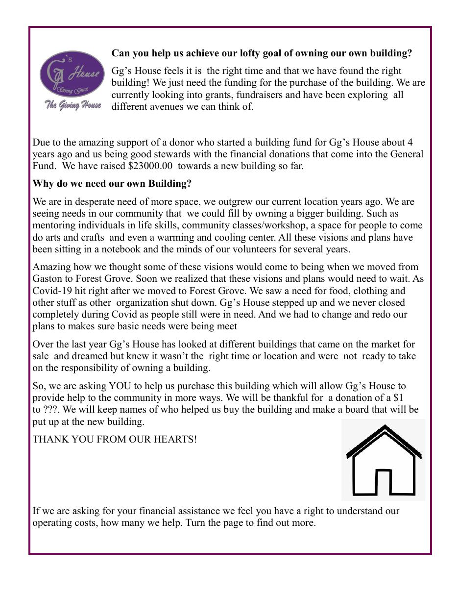 September 2023 GG's House newsletter page describing a permanent building goal and years of ideas for classes and workshops