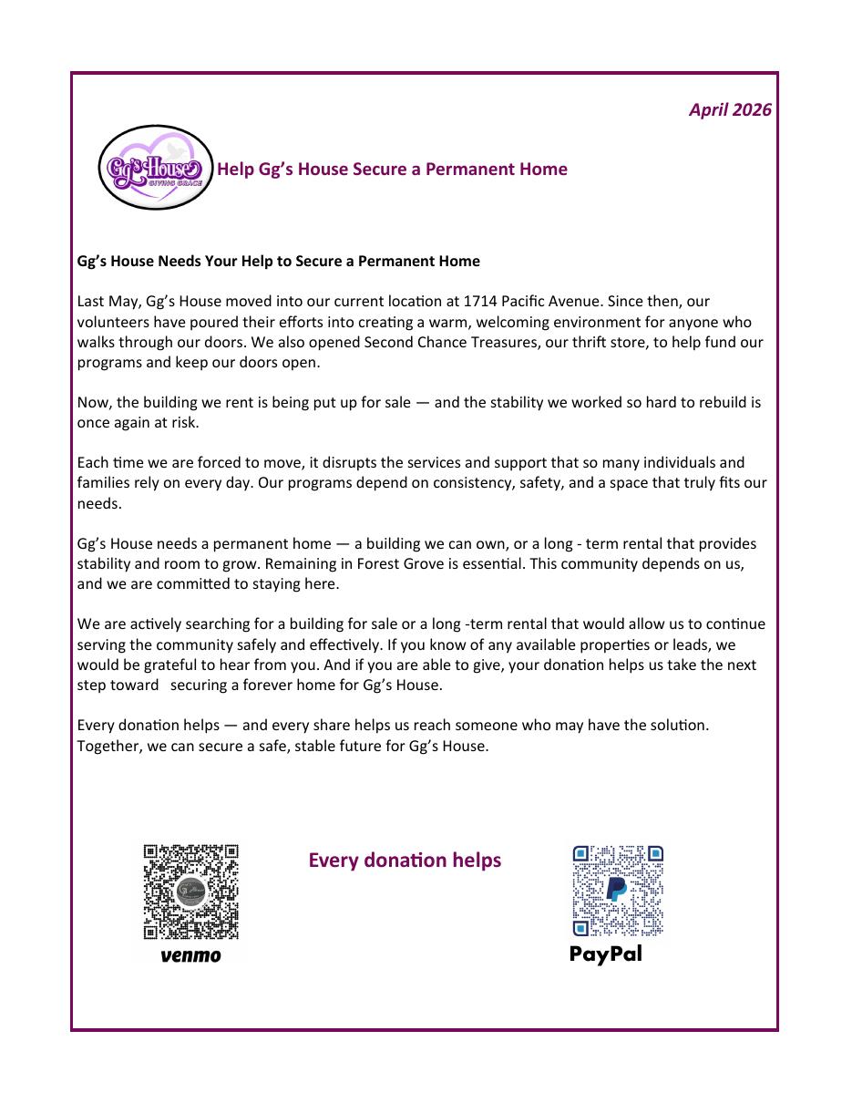 April 2026 GG's House newsletter page describing the permanent-home search