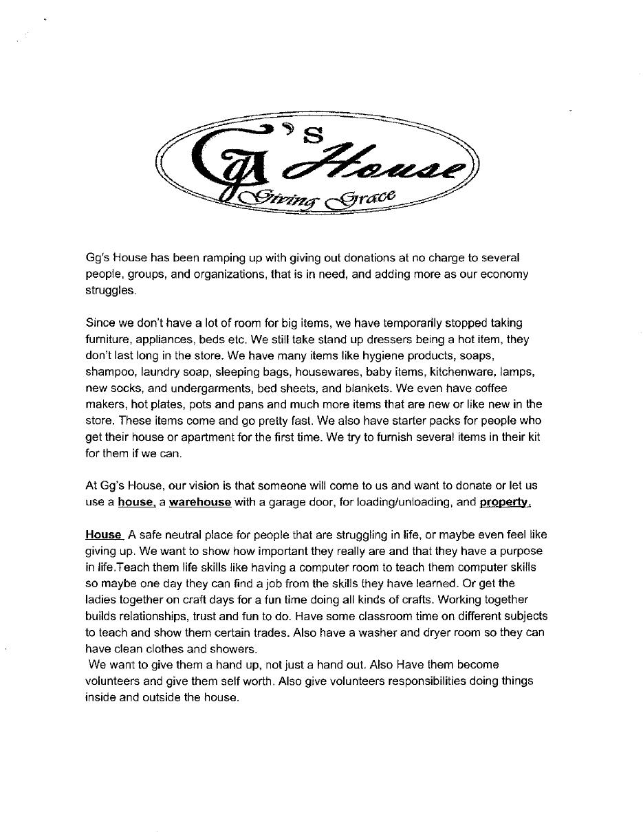 Page one of Steve Sheets' 2017 GG's House permanent-home vision letter