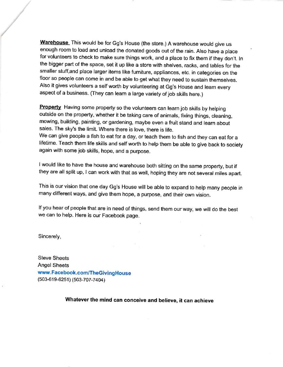 Page two of Steve Sheets' 2017 GG's House permanent-home vision letter
